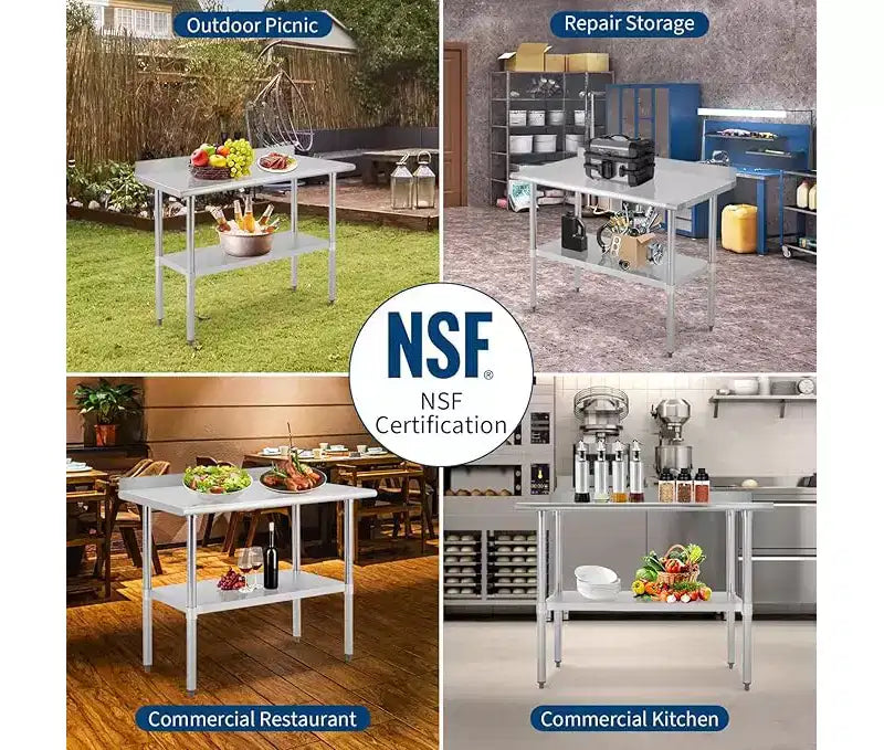 Établi en acier inoxydable 60 * 12 - Table robuste certifiée NSF avec étagère réglable et pare-éclaboussures, sûre, pratique et robuste