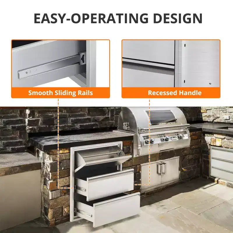 Tiroir de cuisine coulissant en acier inoxydable avec porte-serviettes, support de rangement de gril à trois niveaux, adapté aux îlots de grill et aux patios