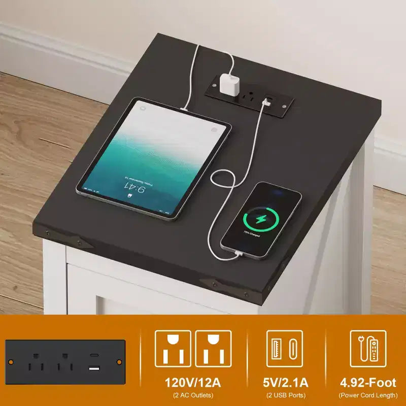 Table d'appoint de ferme avec station de recharge et 2 ports USB-C Table de chevet moderne avec 2 prises CA, étagère réglable et gestion des câbles
