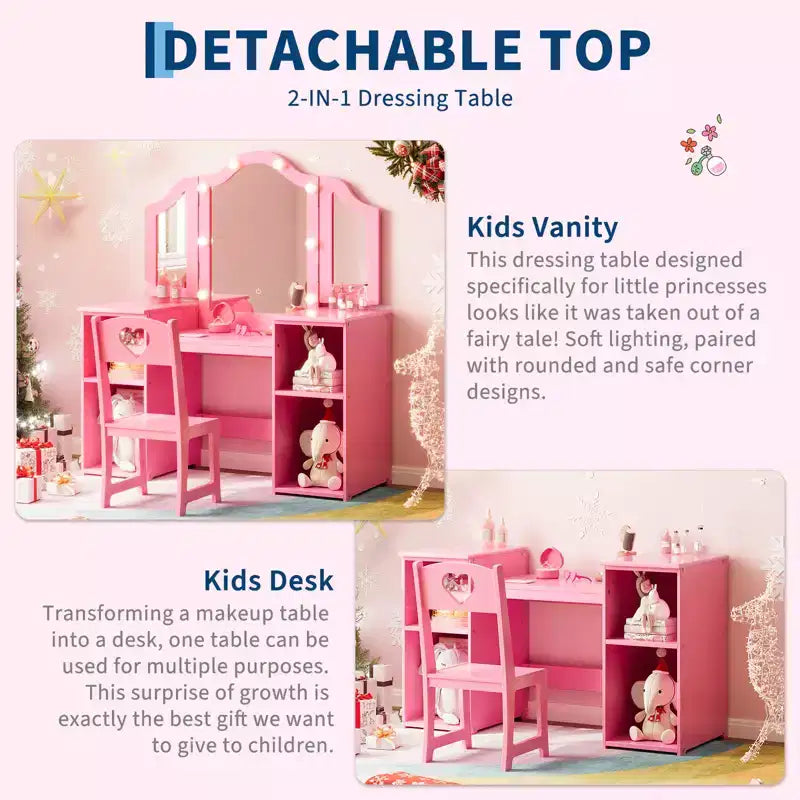 Coiffeuse et chaise 2-en-1 pour filles avec lumière, miroir triptyque détachable et ensemble de maquillage en bois - Coiffeuse de princesse avec rangement pour enfants