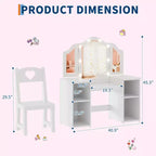 Coiffeuse et chaise 2-en-1 pour filles avec lumière, miroir triptyque détachable et ensemble de maquillage en bois - Coiffeuse de princesse avec rangement pour enfants