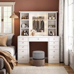 Grande coiffeuse Okak avec 11 tiroirs et 6 étagères ouvertes, coiffeuse de maquillage avec miroir et grand plateau, coiffeuse pour chambre à coucher, salon, blanc