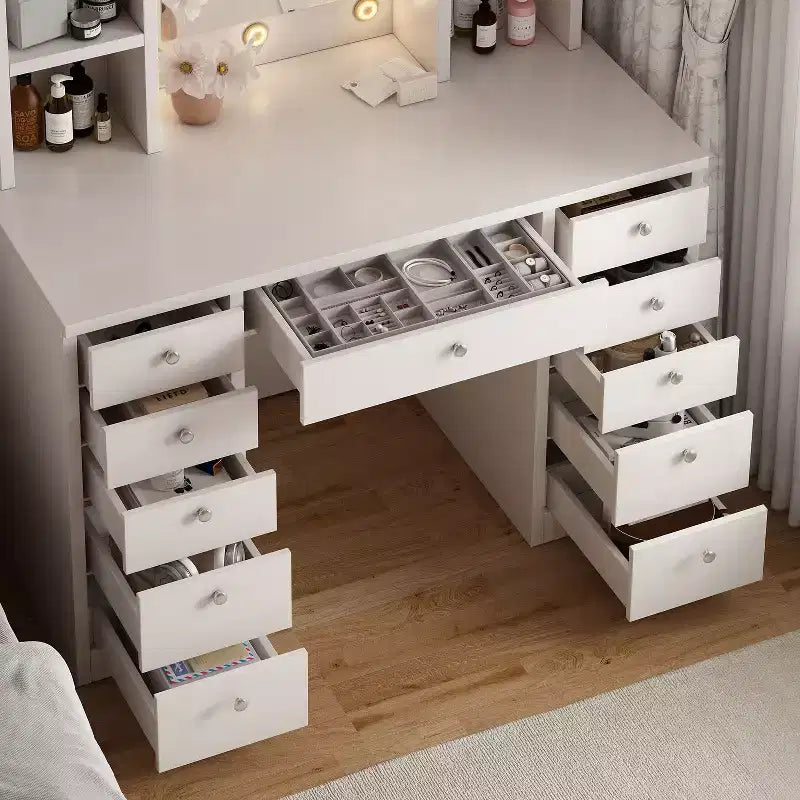 Grande coiffeuse Okak avec 11 tiroirs et 6 étagères ouvertes, coiffeuse de maquillage avec miroir et grand plateau, coiffeuse pour chambre à coucher, salon, blanc