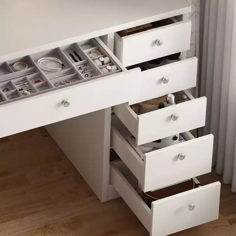 Grande coiffeuse Okak avec 11 tiroirs et 6 étagères ouvertes, coiffeuse de maquillage avec miroir et grand plateau, coiffeuse pour chambre à coucher, salon, blanc