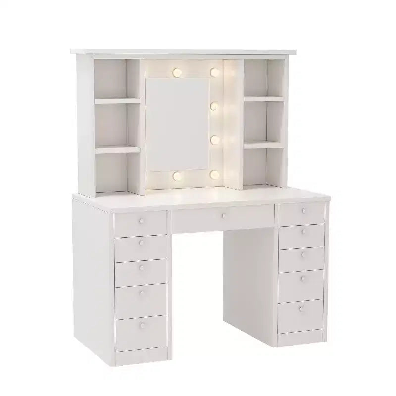 Grande coiffeuse Okak avec 11 tiroirs et 6 étagères ouvertes, coiffeuse de maquillage avec miroir et grand plateau, coiffeuse pour chambre à coucher, salon, blanc
