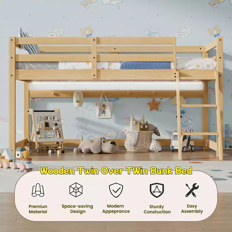Lit mezzanine bas Bellemave pour enfants - Convertisssable en lit superposé, cadre en bois massif moderne avec éclairage LED, chêne.