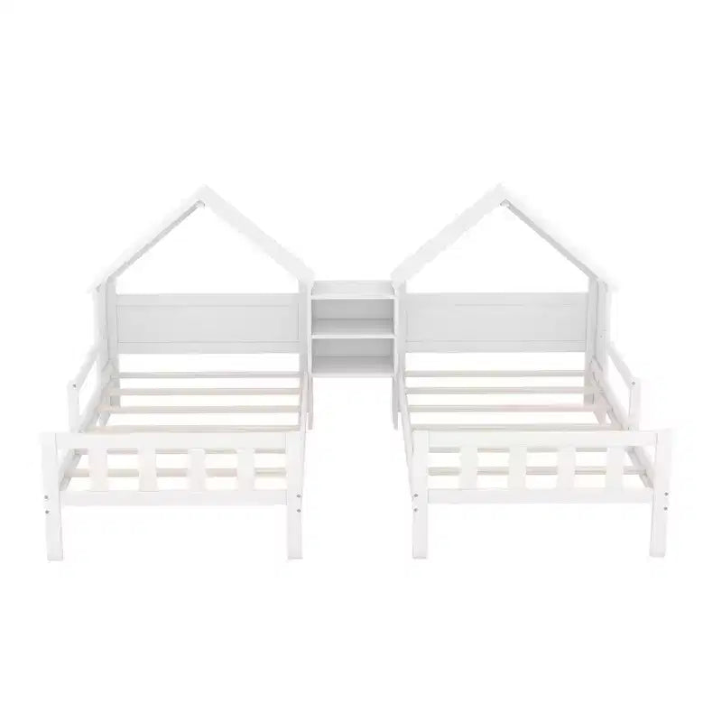 Lit plateforme double gigogne Bellemave avec tête de lit en forme de maison et table de chevet intégrée, Blanc