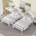 Lit plateforme double gigogne Bellemave avec tête de lit en forme de maison et table de chevet intégrée, Blanc