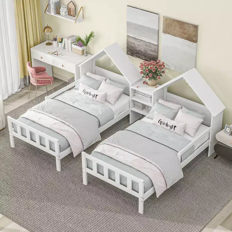 Lit plateforme double gigogne Bellemave avec tête de lit en forme de maison et table de chevet intégrée, Blanc