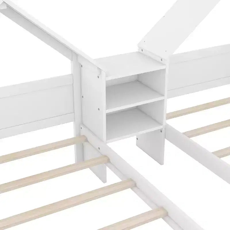 Lit plateforme double gigogne Bellemave avec tête de lit en forme de maison et table de chevet intégrée, Blanc