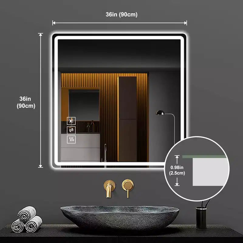 Miroir de courtoisie carré moderne GDFStudio Kira 36 po avec coins arrondis et 3 modes de couleur