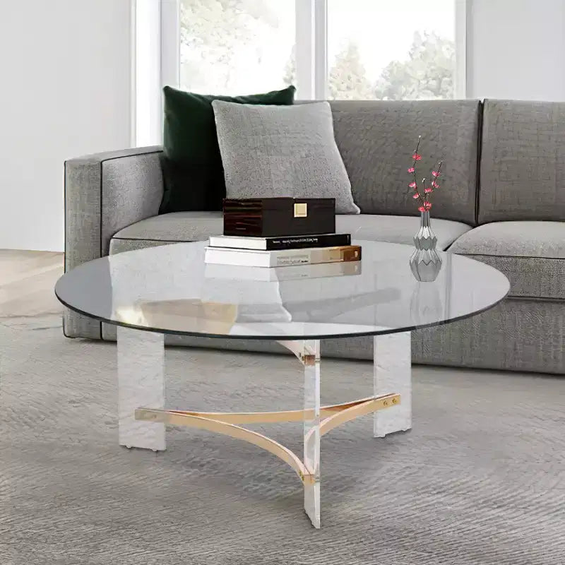 Royal Hampton 41 Inch Round Coffee Table, Glass Top, Acrylic Legs, Clear, Gold