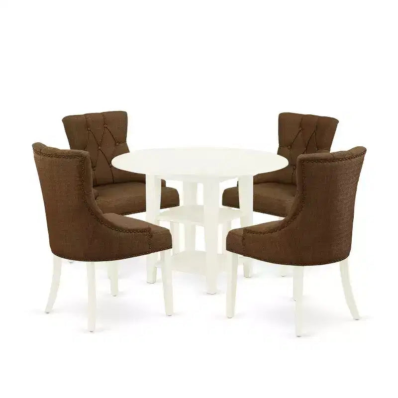 HomeStock 5-Pc Linen White Finish Solid Wood Top - Round Dining Room Set with Dropleaf - Seats 4