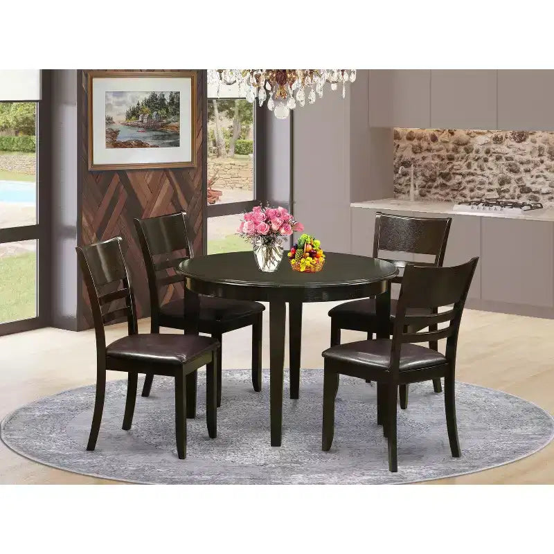 Table à manger HomeStock ronde 5 pièces en bois massif finition cappuccino avec 4 chaises