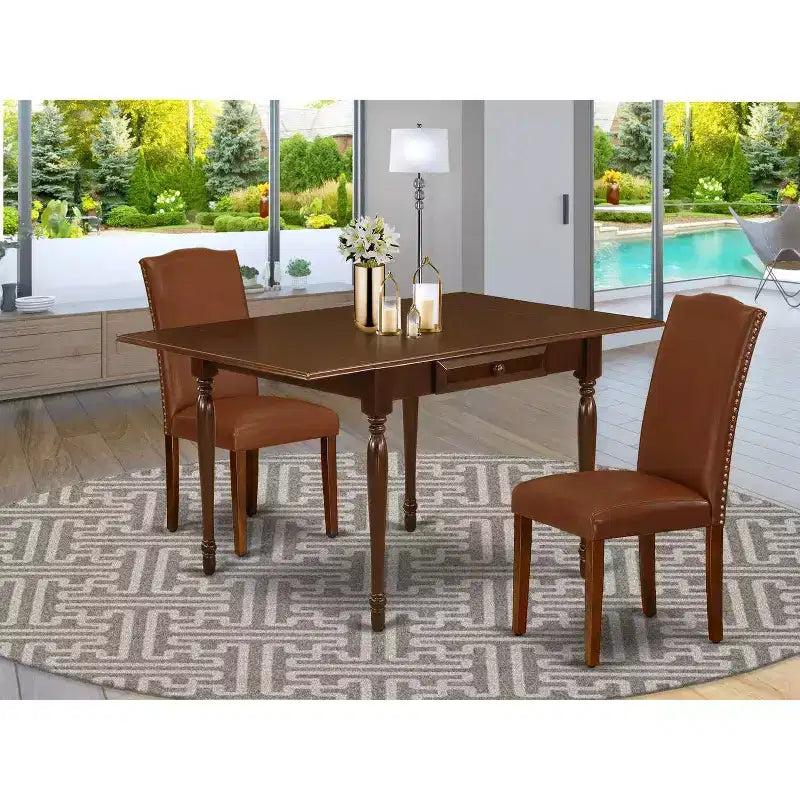 Ensemble de salle à manger 3 pièces HomeStock avec plateau en bois massif finition acajou et table à rallonges