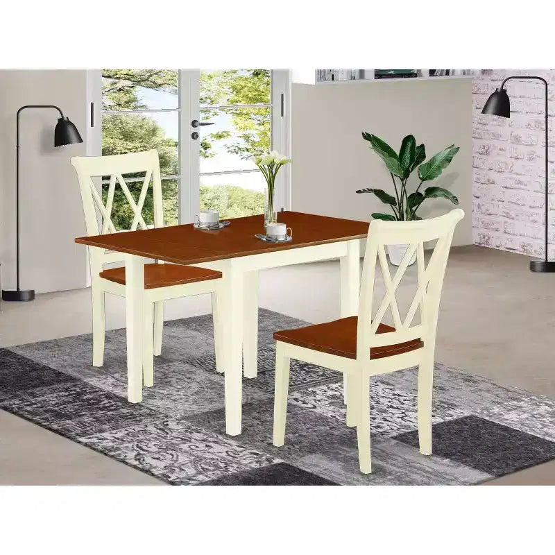 Ensemble de table à manger HomeStock 3 pièces, dessus en bois massif, finition crème et cerisier