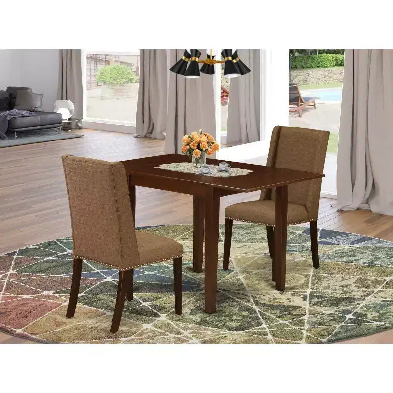 Ensemble de salle à manger 3 pièces HomeStock avec plateau rectangulaire en bois massif finition acajou et rabats