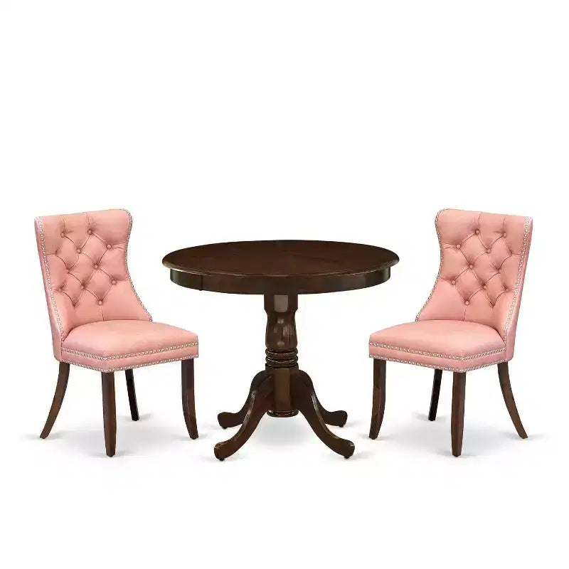 HomeStock 3-Piece Antique Walnut Finish Solid Wood Top - Round Upholstered Dining Room Set - (Seats-4)
