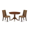 3-Piece Mahogany Finish Solid Wood Top-Round Upholstered Dining Room Set-Seats 4