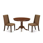 3-Piece Mahogany Finish Solid Wood Top-Round Upholstered Dining Room Set-Seats 4