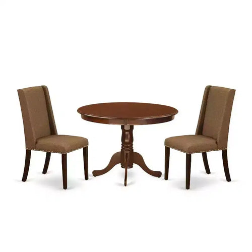 3-Piece Mahogany Finish Solid Wood Top-Round Upholstered Dining Room Set-Seats 4