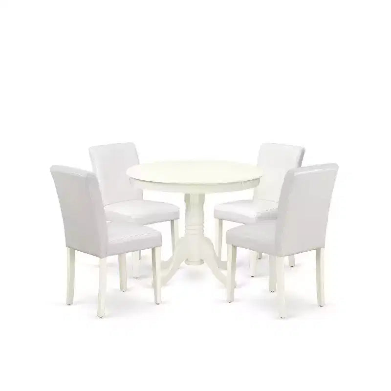 Boho Dining Set 5 Piece - Round Table & 4 Parsons Chairs - 36 Inch - Linen White