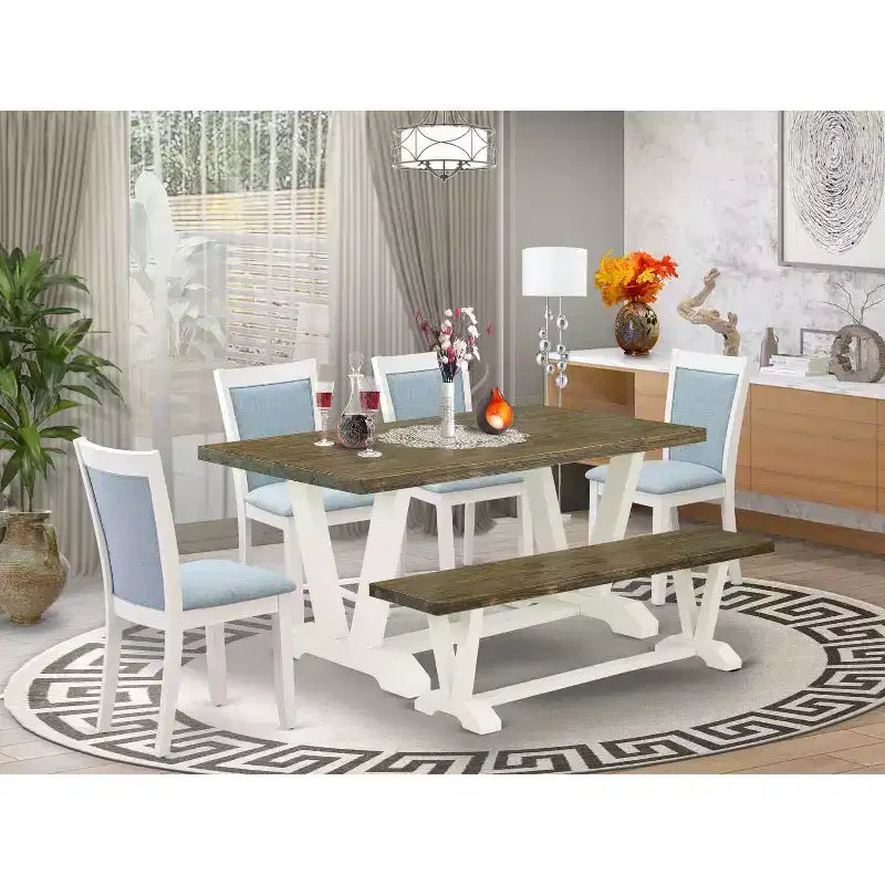HomeStock Table de salle à manger 6 pièces rectangulaire en bois massif brossé blanc lin avec 1 banc et 4 chaises