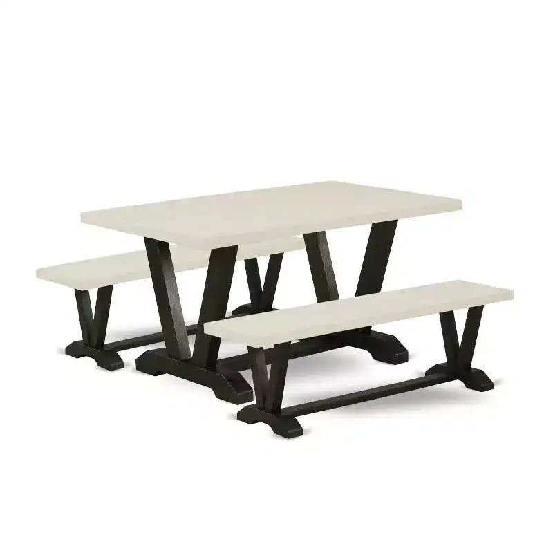 HomeStock 3-Piece Rectangle Natural Oak Finish Solid Wood Top Dining Table with 2-Benches