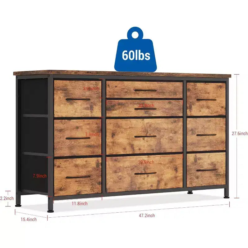 Meuble TV commode 10 tiroirs Acekool avec prise de courant, marron rustique, armoire de rangement large pour chambre à coucher, salon, entrée, table console à plateau en bois