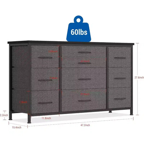 Meuble TV commode 10 tiroirs Acekool avec prise de courant, marron rustique, armoire de rangement large pour chambre à coucher, salon, entrée, table console à plateau en bois