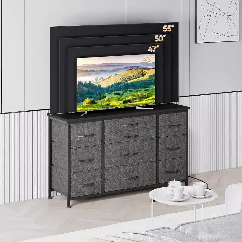 Meuble TV commode 10 tiroirs Acekool avec prise de courant, marron rustique, armoire de rangement large pour chambre à coucher, salon, entrée, table console à plateau en bois