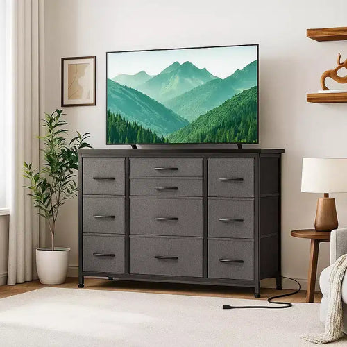 Acekool 10-Drawer Dresser TV Stand with Power Outlet, Rustic Brown, Wide Storage Cabinet for Bedroom, Living Room, Entryway, Wood Top Console Table