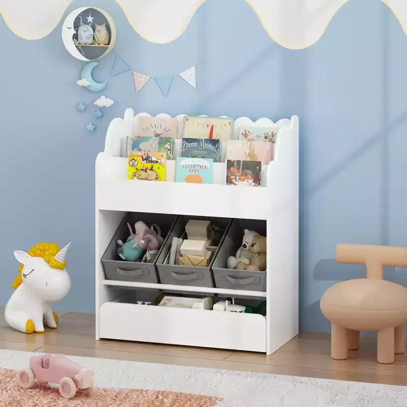 Étagère à livres pour enfants avec 3 bacs de rangement en tissu et tiroir, organisateur de jouets pour tout-petings, bibliothèque, blanc - ModernLuxe