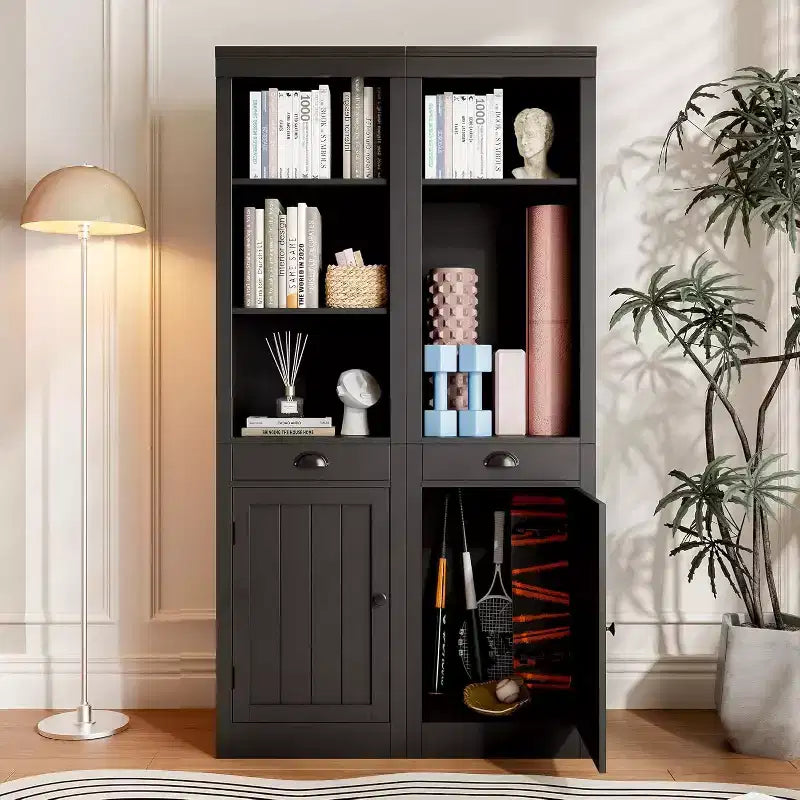 Bibliothèque Haute et Étroite de 180 cm avec Porte et Tiroir, Étagère Réglable à 5 Niveaux pour Bureau à Domicile, Salon et Cuisine