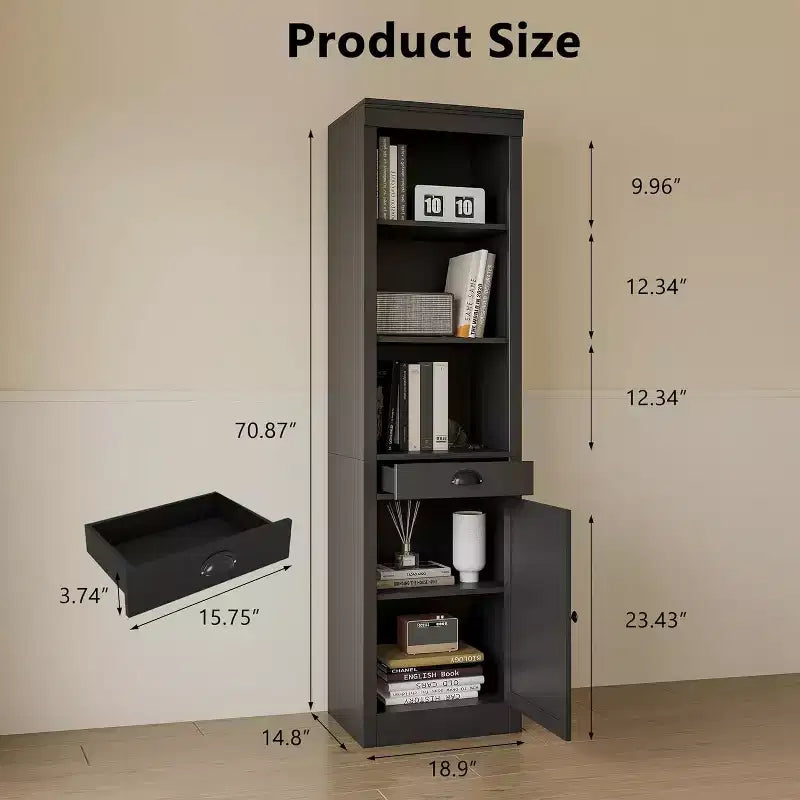 Bibliothèque Haute et Étroite de 180 cm avec Porte et Tiroir, Étagère Réglable à 5 Niveaux pour Bureau à Domicile, Salon et Cuisine