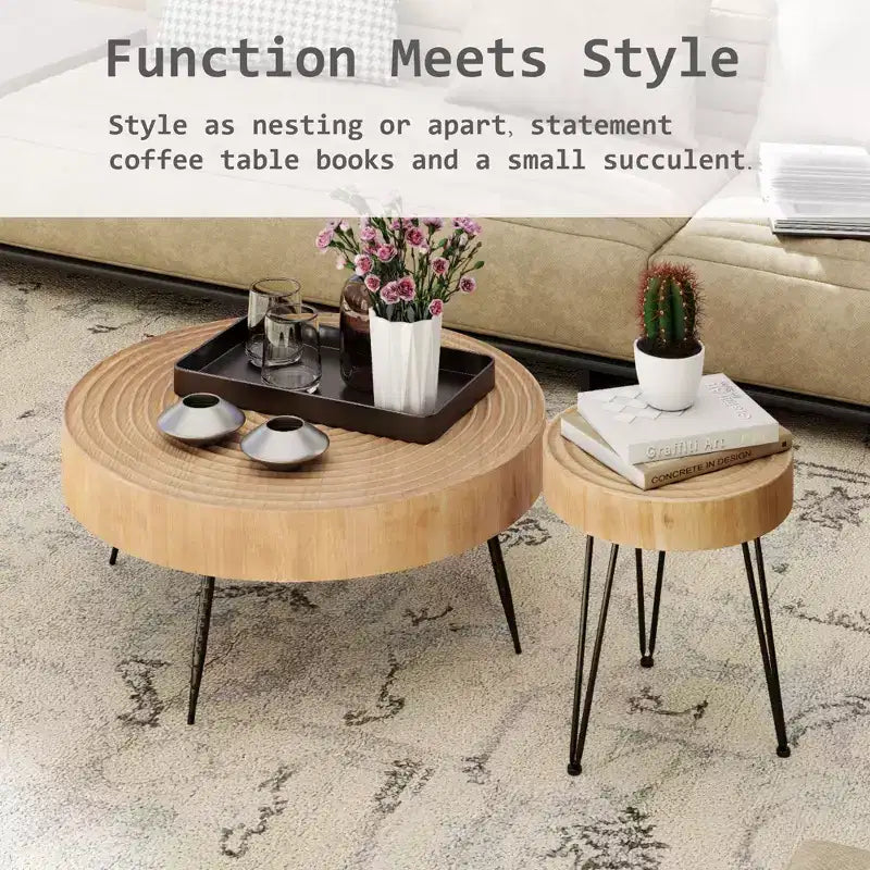 COZAYH Tables basses rondes, 2 pièces, meubles de salon en bois, anneau, lot de 2
