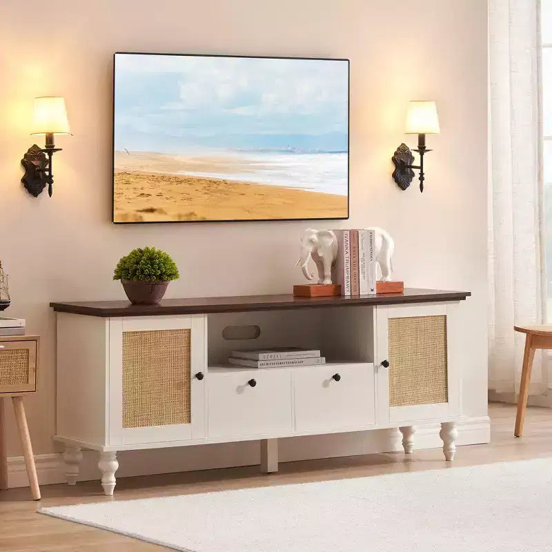 Meuble TV en rotin COZONY, meuble TV bohème pour téléviseur de 65 pouces, console TV avec 2 armoires et étagère réglable, meuble de rangement multimédia moderne