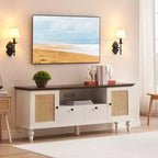 Meuble TV en rotin COZONY, meuble TV bohème pour téléviseur de 65 pouces, console TV avec 2 armoires et étagère réglable, meuble de rangement multimédia moderne