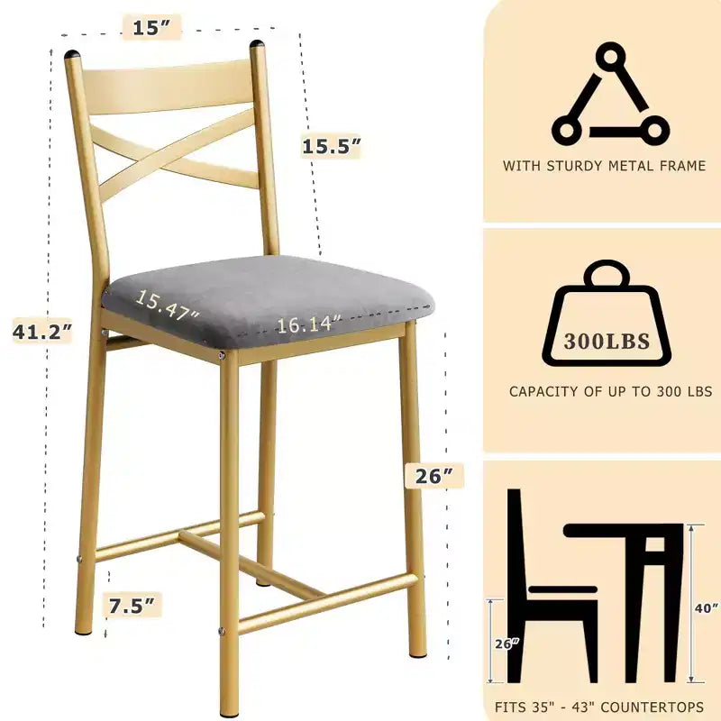 Lot de 4 tabourets de bar, tabourets de bar hauteur comptoir avec assise rembourrée en PU, chaises de bar de cuisine avec cadre en métal de 66 cm avec dossier en X et repose-pieds