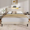 Queen Size Bed Frame with Charging Station LED Lights Upholstered Headboard Modern Platform Bed Beige Fabric 2 Tier Storage Shelf Sturdy Wooden Slats