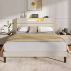 Queen Size Bed Frame with Charging Station LED Lights Upholstered Headboard Modern Platform Bed Beige Fabric 2 Tier Storage Shelf Sturdy Wooden Slats