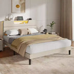 Cadre de lit Queen Size avec station de recharge Lumières LED Tête de lit rembourrée Lit plateforme moderne Tissu beige Étagère de rangement à 2 niveaux Lattes en bois robustes