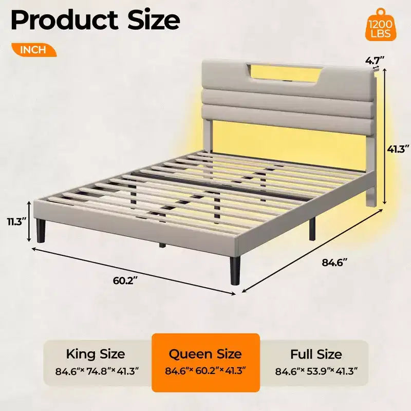 Cadre de lit Queen Size avec station de recharge Lumières LED Tête de lit rembourrée Lit plateforme moderne Tissu beige Étagère de rangement à 2 niveaux Lattes en bois robustes