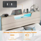 Cadre de lit Queen Size avec station de recharge Lumières LED Tête de lit rembourrée Lit plateforme moderne Tissu beige Étagère de rangement à 2 niveaux Lattes en bois robustes