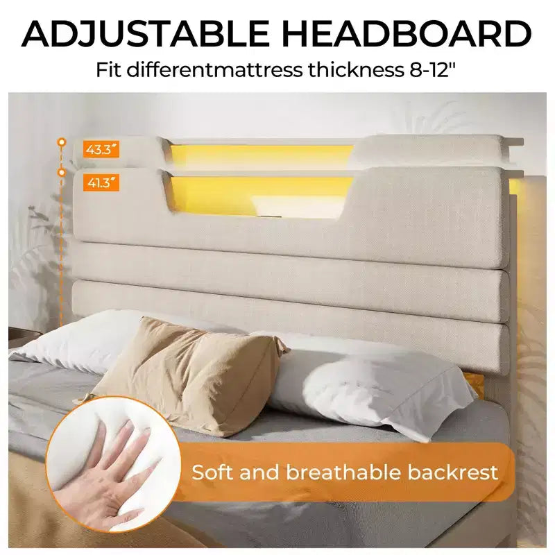 Cadre de lit Queen Size avec station de recharge Lumières LED Tête de lit rembourrée Lit plateforme moderne Tissu beige Étagère de rangement à 2 niveaux Lattes en bois robustes