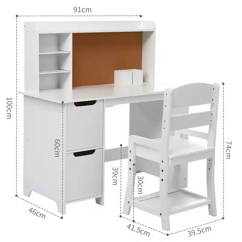 Ensemble bureau et chaise d'étude pour enfants avec étagère, tableau d'affichage et armoire - Table d'étude en bois pour garçons et filles de 3 à 8 ans