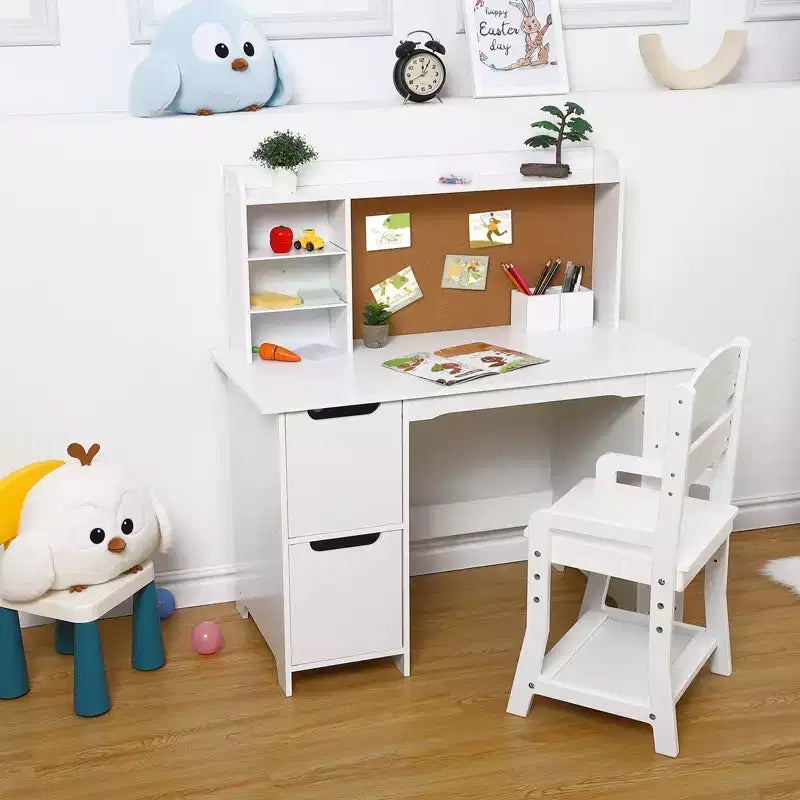 Ensemble bureau et chaise d'étude pour enfants avec étagère, tableau d'affichage et armoire - Table d'étude en bois pour garçons et filles de 3 à 8 ans