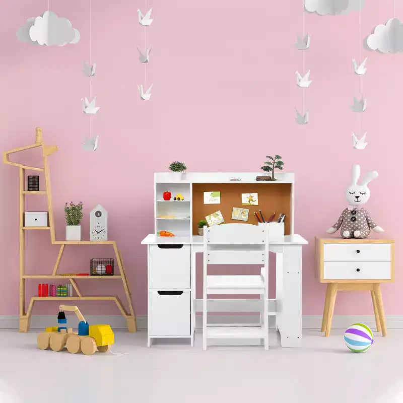 Ensemble bureau et chaise d'étude pour enfants avec étagère, tableau d'affichage et armoire - Table d'étude en bois pour garçons et filles de 3 à 8 ans