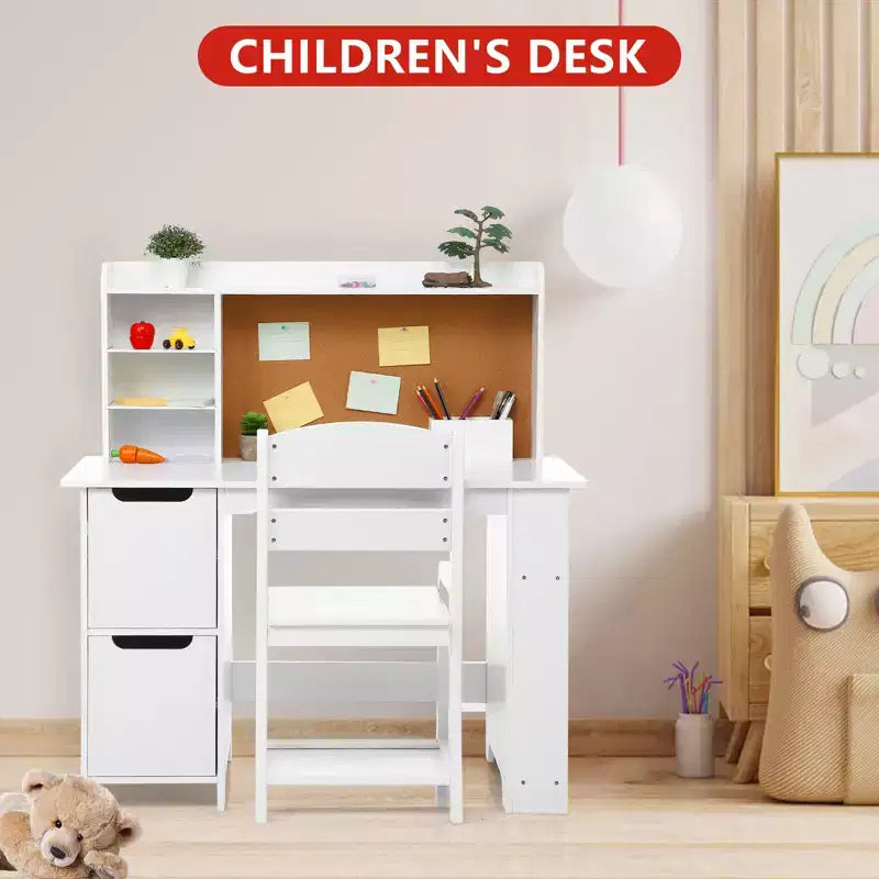 Ensemble bureau et chaise d'étude pour enfants avec étagère, tableau d'affichage et armoire - Table d'étude en bois pour garçons et filles de 3 à 8 ans