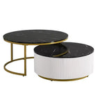 Tables basses gigognes rondes dorées, lot de 2, table centrale cannelée avec pieds dorés, tables d'appoint modernes avec tiroir pour le salon